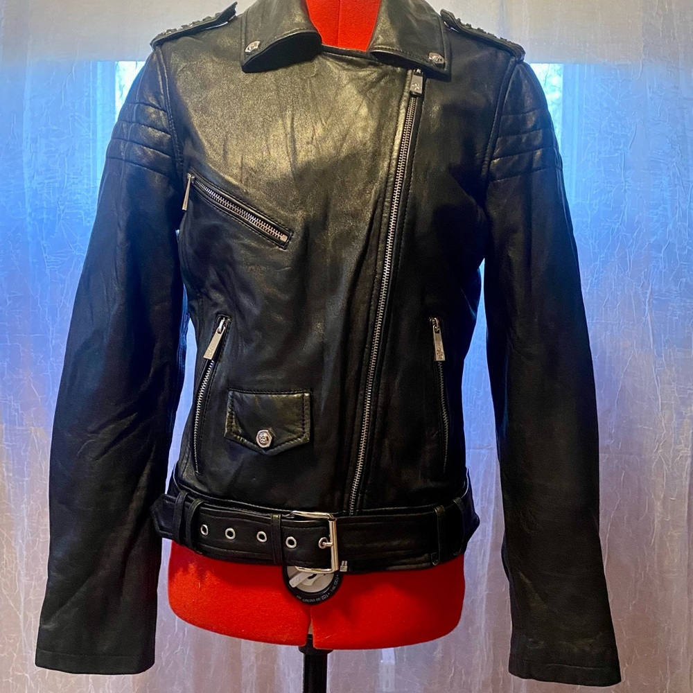 Guess Soft Leather Belted Hem Motorcycle Jacket